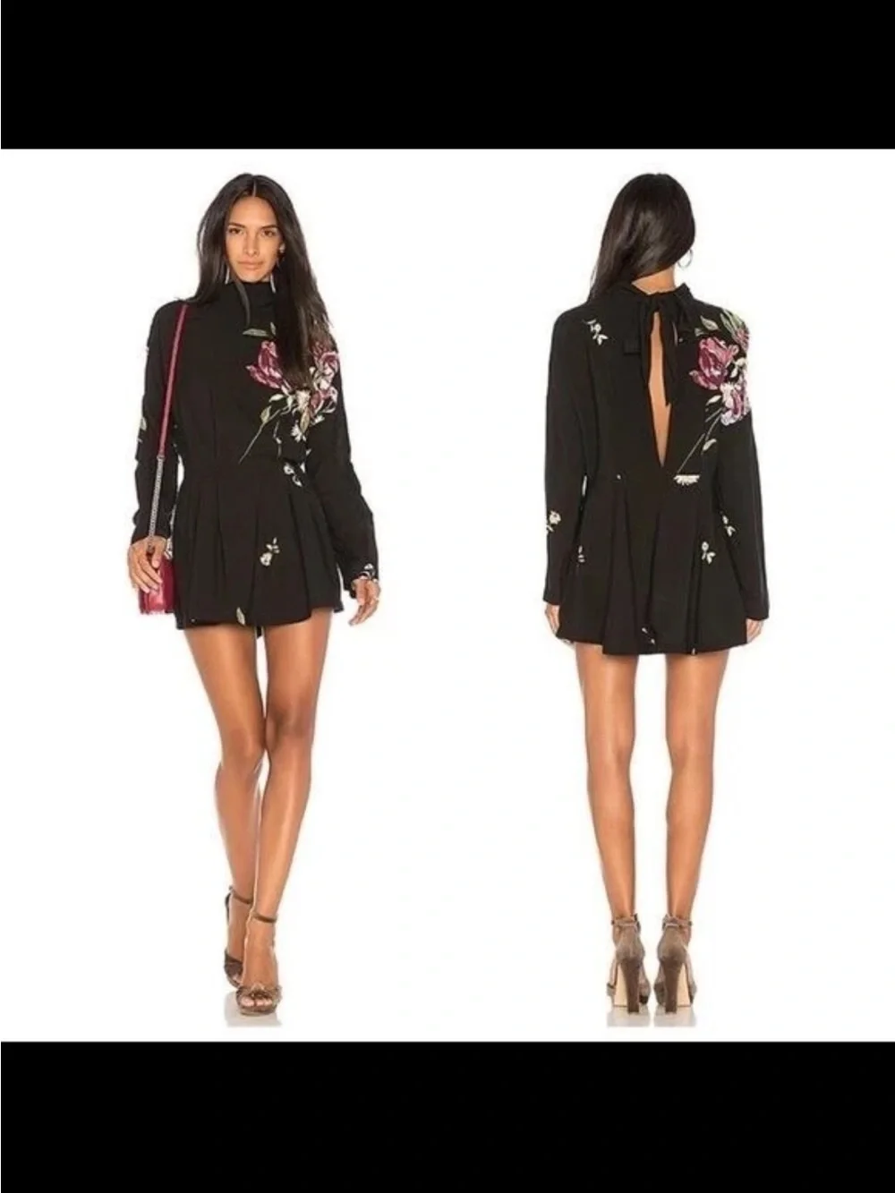 Free People Gemma Tunic Mini Dress Black Floral High Neck Open Back Tie Large
